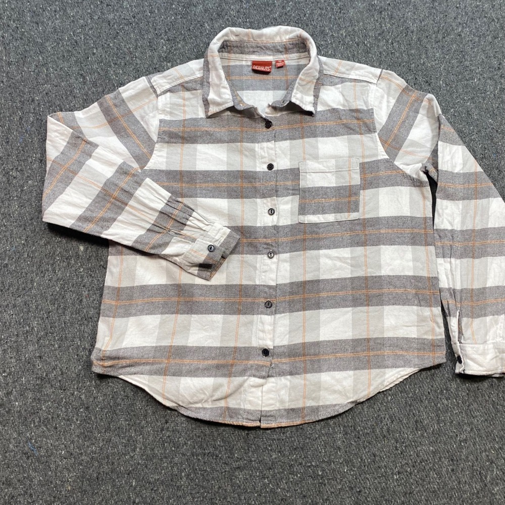 Peanuts Flannel Shirt Sz S Womens Grey Plaid Charlie Brown Snoopy Back Graphic